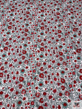 Floral Vines and Birds Printed Cotton Voile - Red / Seafoam / White