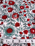 Floral Vines and Birds Printed Cotton Voile - Red / Seafoam / White
