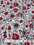 Floral Vines and Birds Printed Cotton Voile - Red / Seafoam / White