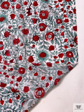 Floral Vines and Birds Printed Cotton Voile - Red / Seafoam / White