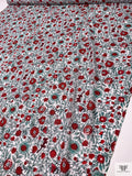 Floral Vines and Birds Printed Cotton Voile - Red / Seafoam / White