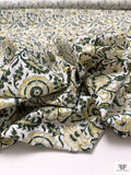 Floral Discs and Paisley Leaf Printed Cotton Poplin - Dark Green / Dusty Lemon / White