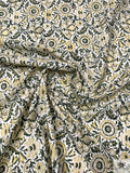 Floral Discs and Paisley Leaf Printed Cotton Poplin - Dark Green / Dusty Lemon / White