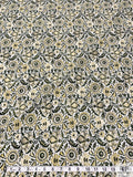 Floral Discs and Paisley Leaf Printed Cotton Poplin - Dark Green / Dusty Lemon / White