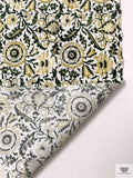 Floral Discs and Paisley Leaf Printed Cotton Poplin - Dark Green / Dusty Lemon / White