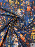 Hazy Abstract Floral Printed Cotton Poplin - Navy Blue / Fire Orange / Multicolor