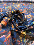 Hazy Abstract Floral Printed Cotton Poplin - Navy Blue / Fire Orange / Multicolor