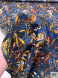 Hazy Abstract Floral Printed Cotton Poplin - Navy Blue / Fire Orange / Multicolor
