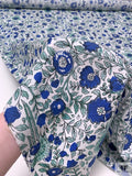 Floral Vines and Birds Printed Cotton Poplin - Blue / White / Seafoam