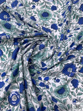 Floral Vines and Birds Printed Cotton Poplin - Blue / White / Seafoam
