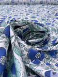 Floral Vines and Birds Printed Cotton Poplin - Blue / White / Seafoam