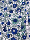 Floral Vines and Birds Printed Cotton Poplin - Blue / White / Seafoam