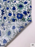 Floral Vines and Birds Printed Cotton Poplin - Blue / White / Seafoam