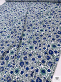 Floral Vines and Birds Printed Cotton Poplin - Blue / White / Seafoam