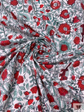 Floral Vines and Birds Printed Cotton Poplin - Red / Seafoam / White