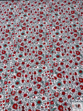 Floral Vines and Birds Printed Cotton Poplin - Red / Seafoam / White