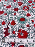Floral Vines and Birds Printed Cotton Poplin - Red / Seafoam / White