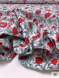 Floral Vines and Birds Printed Cotton Poplin - Red / Seafoam / White