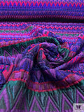 Italian Ethno-Geometric Matelassé Metallic Brocade - Purples / Deep Pink / Evergreen