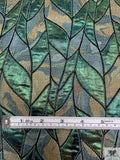 Italian Leaf Vine Marbled Metallic Brocade - Green / Tan / Dark Seafoam
