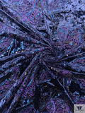 Paisley Embroidered Stretch Crushed Velvet with Sequins - Navy / Purple