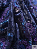 Paisley Embroidered Stretch Crushed Velvet with Sequins - Navy / Purple