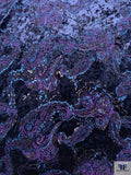Paisley Embroidered Stretch Crushed Velvet with Sequins - Navy / Purple