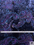 Paisley Embroidered Stretch Crushed Velvet with Sequins - Navy / Purple