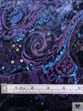 Paisley Embroidered Stretch Crushed Velvet with Sequins - Navy / Purple
