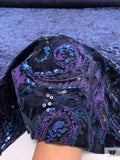 Paisley Embroidered Stretch Crushed Velvet with Sequins - Navy / Purple