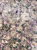 Italian Floral Printed Stretch Panné Velour - Purples / Evergreen / Off-White
