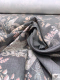 Italian Paisley Floral Printed Stretch Denim - Dark Grey / Pale Tones