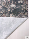 Italian Paisley Floral Printed Stretch Denim - Dark Grey / Pale Tones