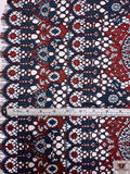 Double Scalloped Medallion Floral Corded Lace Strip - Teal / Red