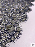 Double Scalloped Metallic French Chantilly Lace with Cording - Light Gold / Navy