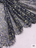 Double Scalloped Metallic French Chantilly Lace with Cording - Light Gold / Navy