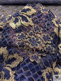 Double Scalloped Floral Metallic French Chantilly Lace - Gold / Navy Blue
