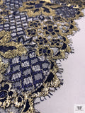 Double Scalloped Floral Metallic French Chantilly Lace - Gold / Navy Blue