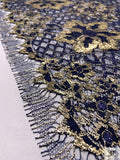 Double Scalloped Floral Metallic French Chantilly Lace - Gold / Navy Blue