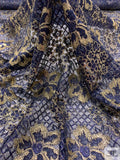 Double Scalloped Floral Metallic French Chantilly Lace - Gold / Navy Blue