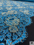 Double Scalloped Floral Metallic French Chantilly Lace - Metallic Turquoise / Gold