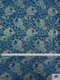 Double Scalloped Floral Metallic French Chantilly Lace - Metallic Turquoise / Gold