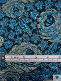 Double Scalloped Floral Metallic French Chantilly Lace - Metallic Turquoise / Gold