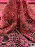 Double Scalloped Floral Metallic French Chantilly Lace - Metallic Deep Pink / Gold