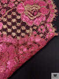 Double Scalloped Floral Metallic French Chantilly Lace - Metallic Deep Pink / Gold