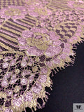 Double Scalloped Floral Metallic French Chantilly Lace - Metallic Lilac-Pink / Gold