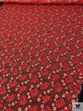 Single Scalloped Floral Metallic French Chantilly Lace - Scarlet Orange / Gold