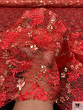Single Scalloped Floral Metallic French Chantilly Lace - Scarlet Orange / Gold