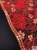 Single Scalloped Floral Metallic French Chantilly Lace - Scarlet Orange / Gold