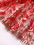 Single Scalloped Floral Metallic French Chantilly Lace - Scarlet Orange / Gold